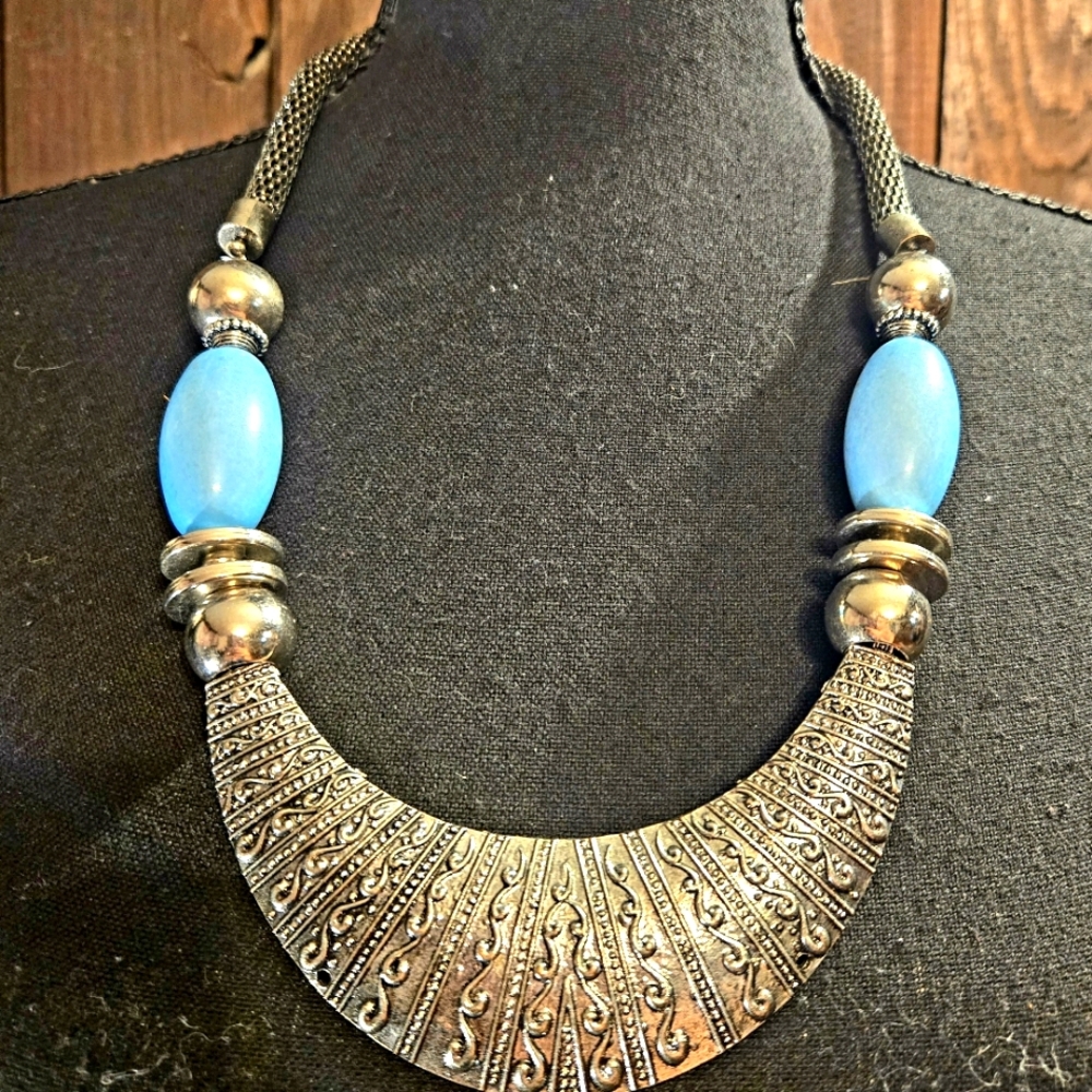 Elegant Silver-Tone Necklace with Light Blue & Silver Beads